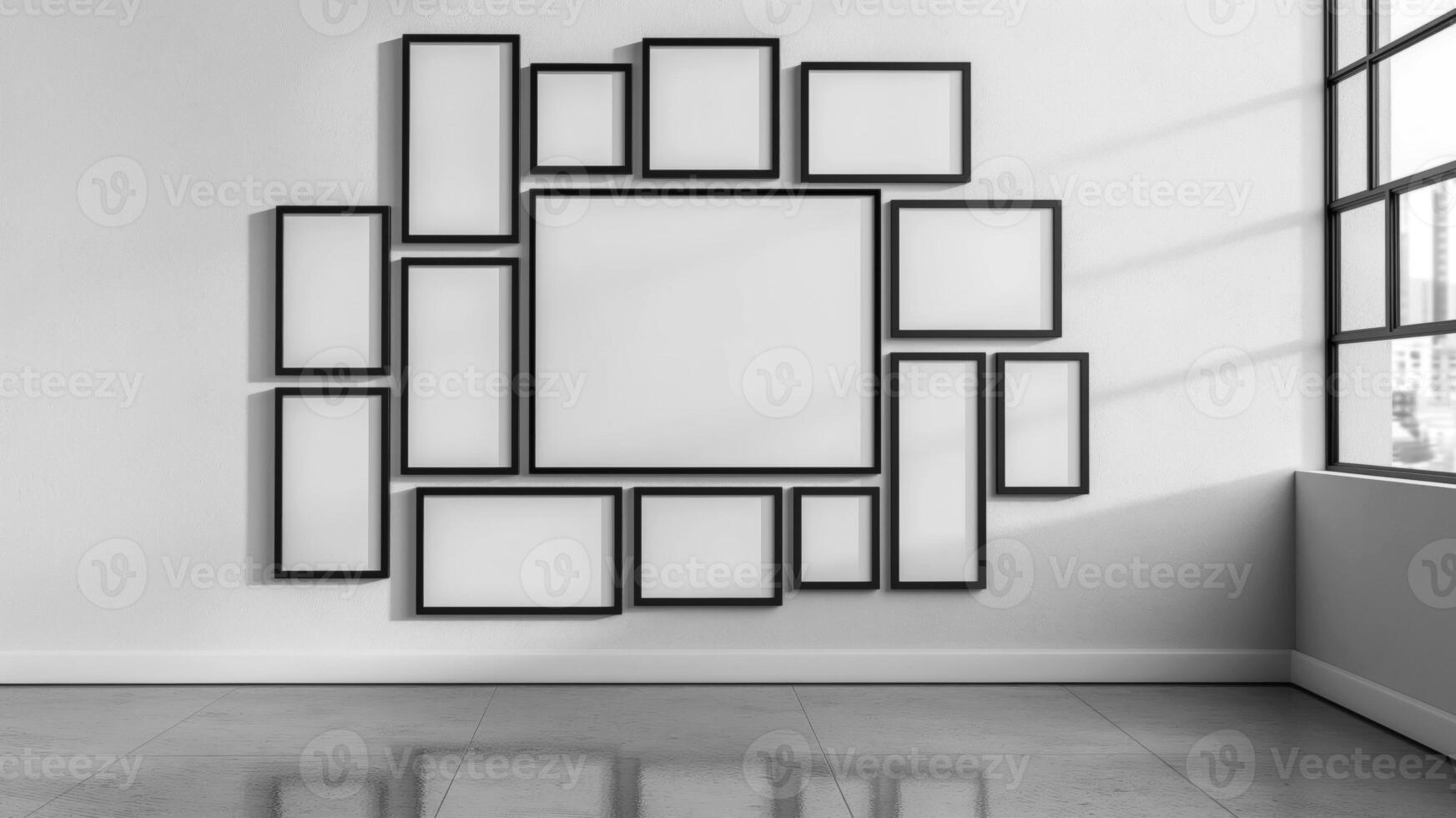 A contemporary interior design arrangement featuring assortment of empty picture frames. These frames, of varying sizes, are meticulously mounted on pristine white wall, mockup frame with photo