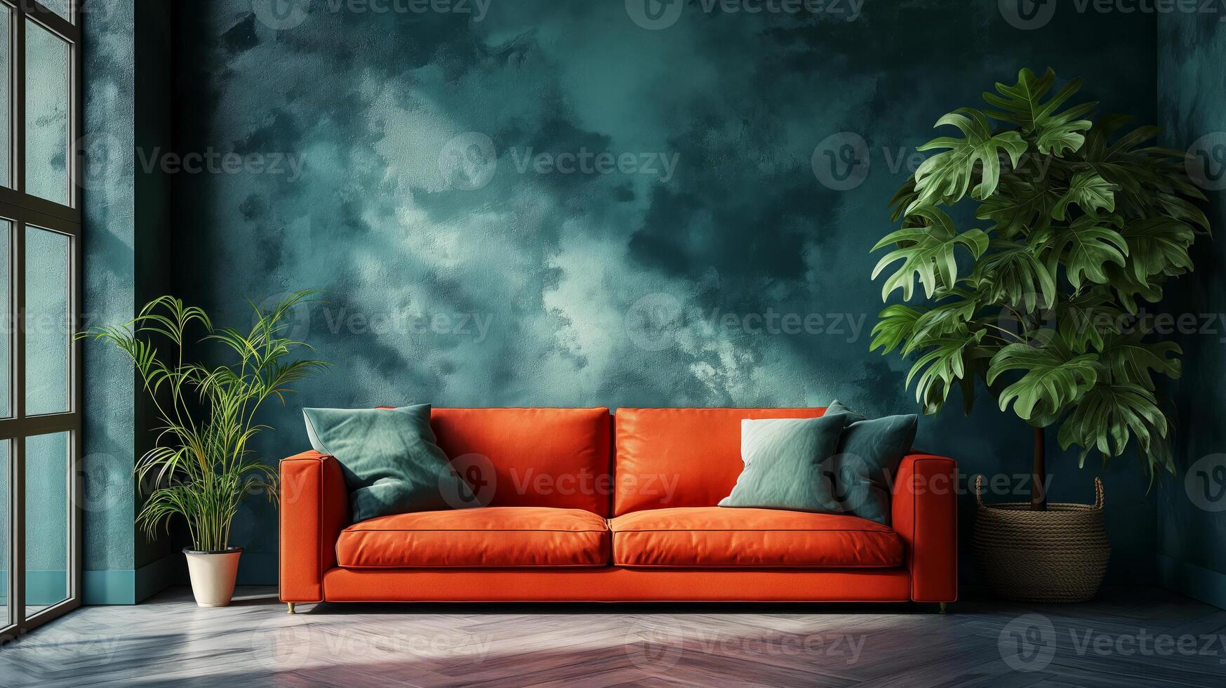 Modern living room with inviting ambiance in biophilic design, a vibrant orange sofa, adorned with teal cushions, positioned against textured green wall with greeny hues, indoor plants in photo