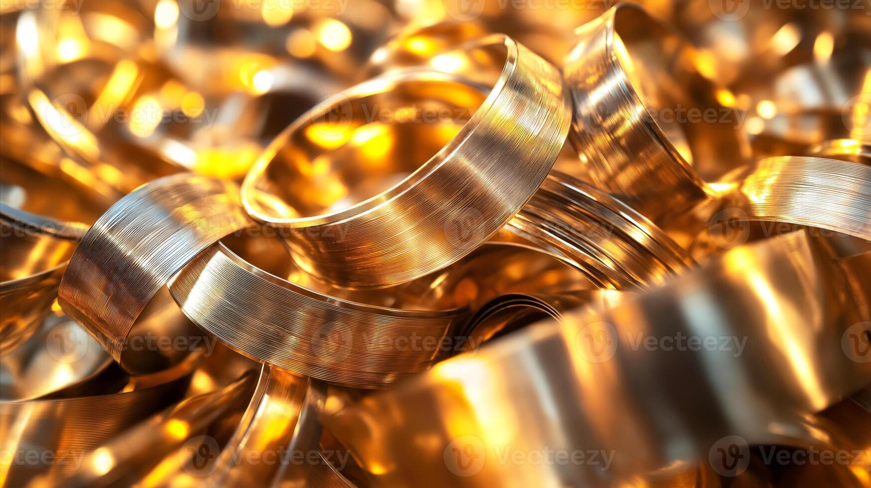 Brass scrap metal twisted into loops and curves, reflecting warm golden light. Concept of metal recycling, raw materials, industrial processing, highlighting beauty of repurposed metals photo