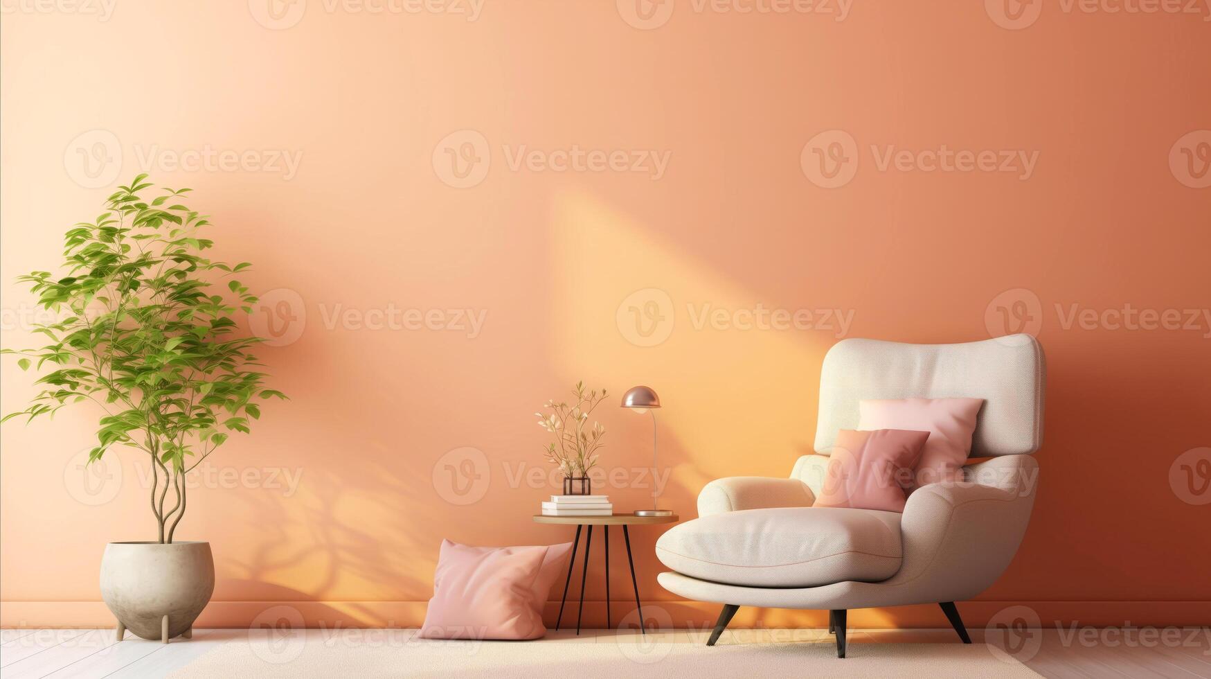 A serene interior biophilic design, soft textures, muted pastels, thoughtful placement of objects create inviting and elegant space, armchair beckons relaxation, while potted plant adds photo