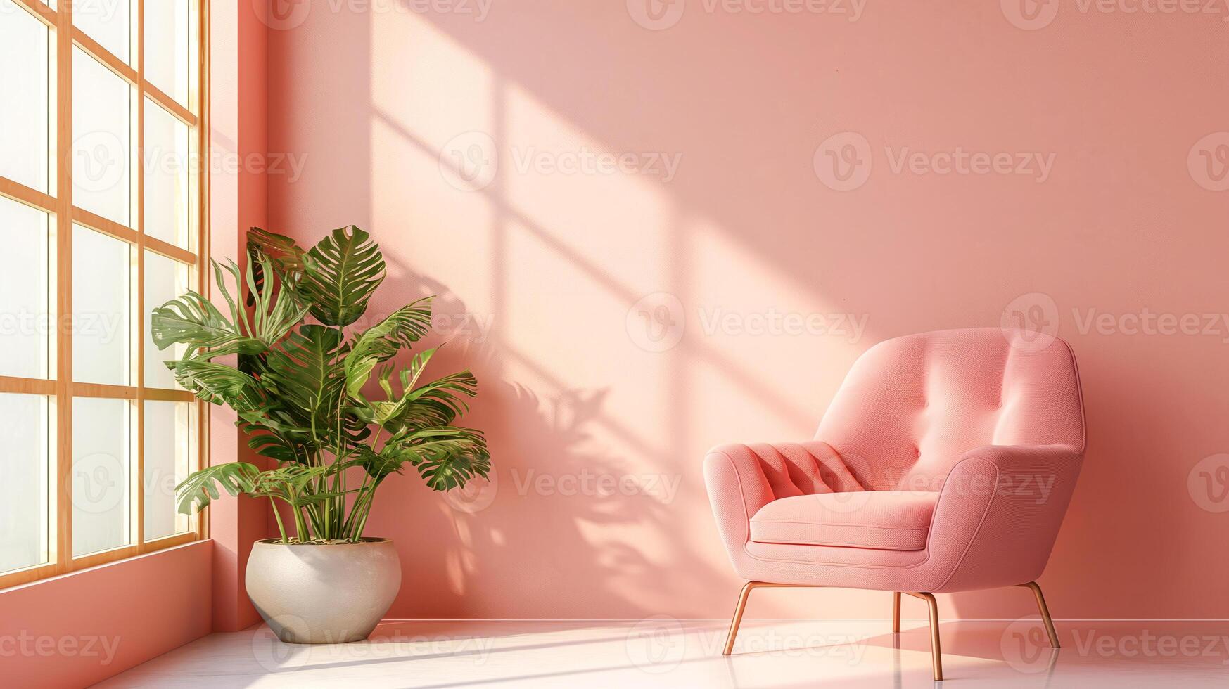 Empty pink wall with copy space, biophilic design, serene interior room, soft glow of natural light illuminates stylish pink chair and lush green potted plant, creating atmosphere of calm photo