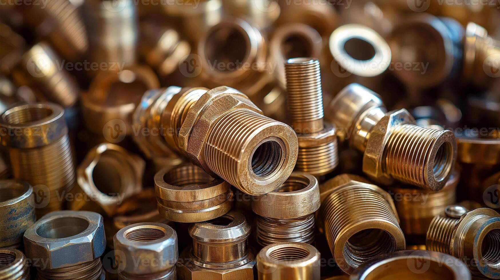 Pile of various brass pipe fittings scrap, showcasing intricate details of threaded connectors, nuts, fittings. Brass scrap commonly found in workshops, recycling facilities, industrial photo