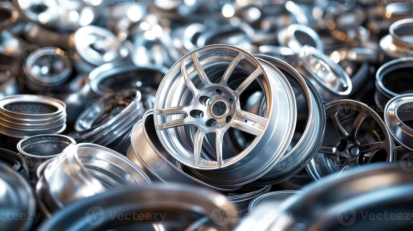 Large pile of automotive scrap, aluminum car rims ready for recycling. Image shows recyclable nature of aluminum scrap and emphasizes its value in recycling, especially in automotive photo