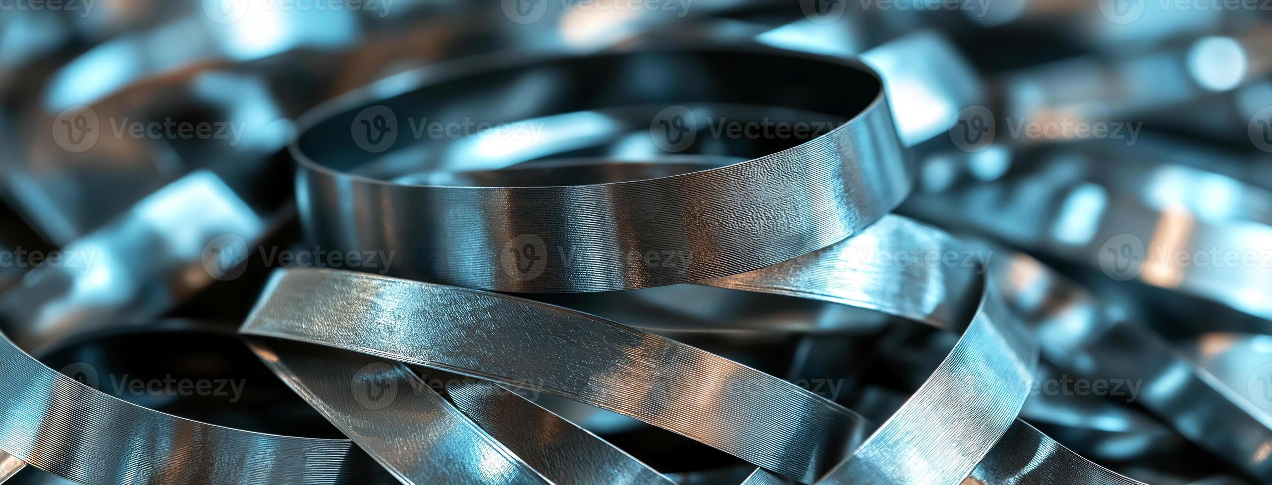 macro shot of pile of stainless steel and metal strips, reflecting light with a polished and brushed texture. scrap metal shavings twisted into loops and curves photo
