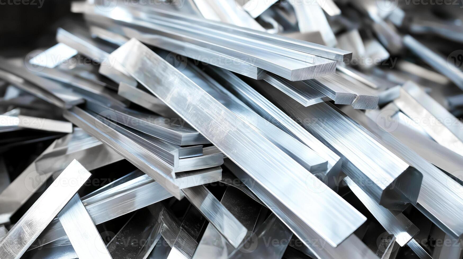 Close-up view of aluminum scrap material for recycling, consisting of long, rectangular bars stacked together. Value of reusing aluminum scrap metals and their role in recycling process photo