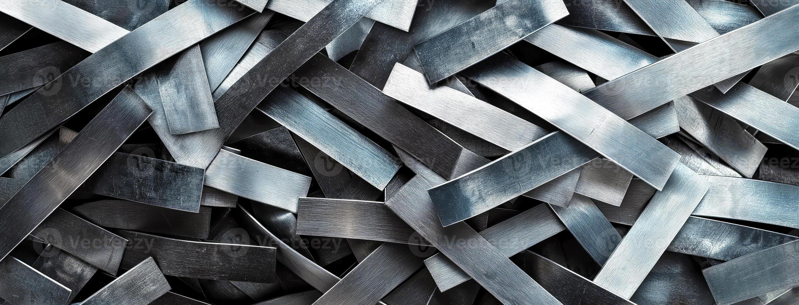 Pile of metal strips, showcasing intricate arrangement of metallic scraps. Strips, having various angles and overlapping shapes, reflect industrial nature of metalworking and recycling photo