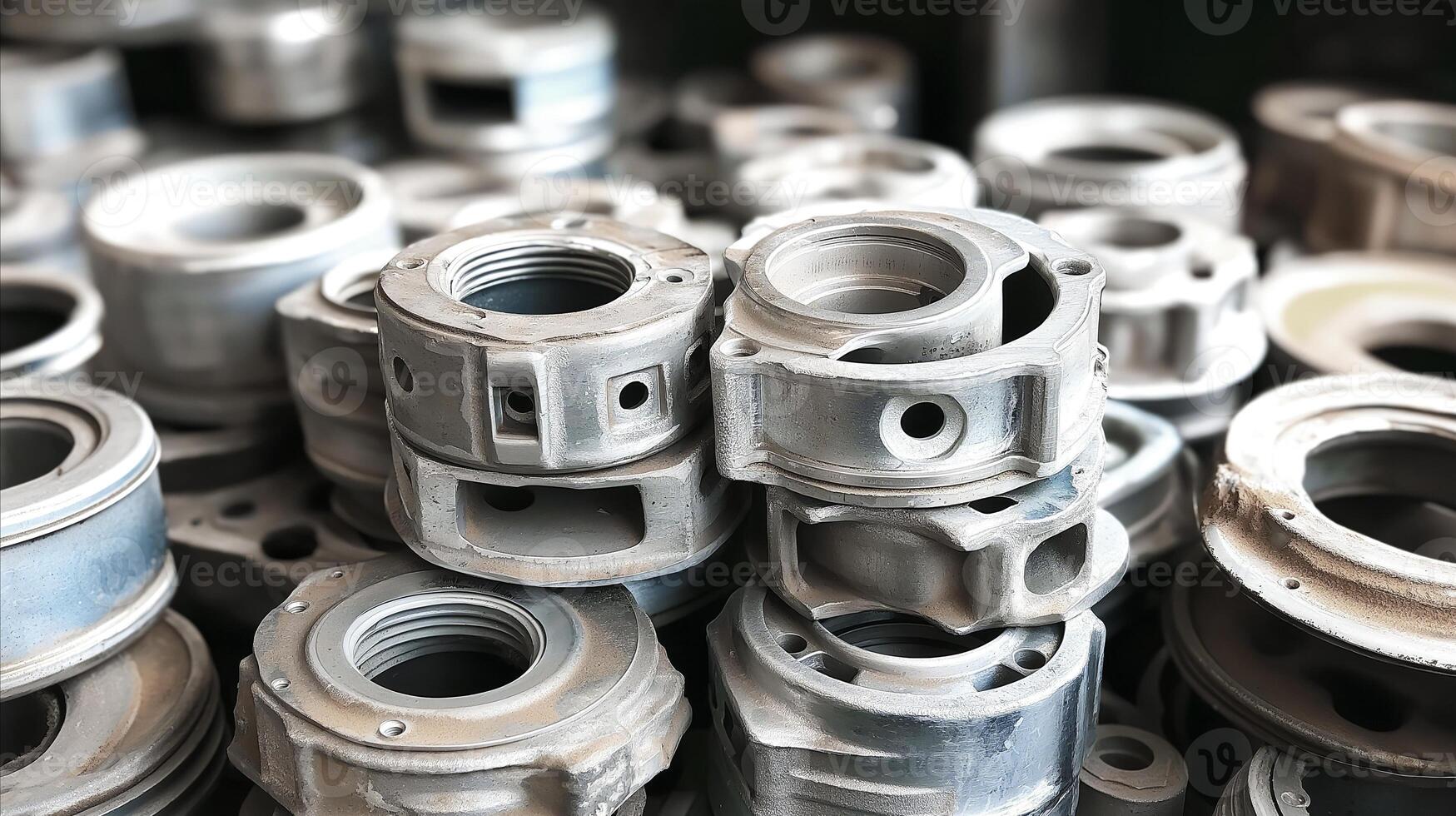 Pile of aluminum engine parts, showcasing texture and details of metal components used in automotive industry. Importance of aluminum recycling scrap, reusing industrial materials for photo