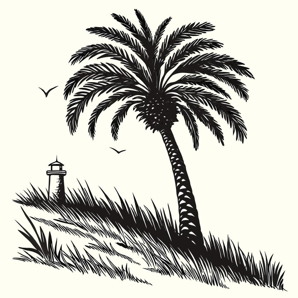 Palm tree and lighthouse illustration vector