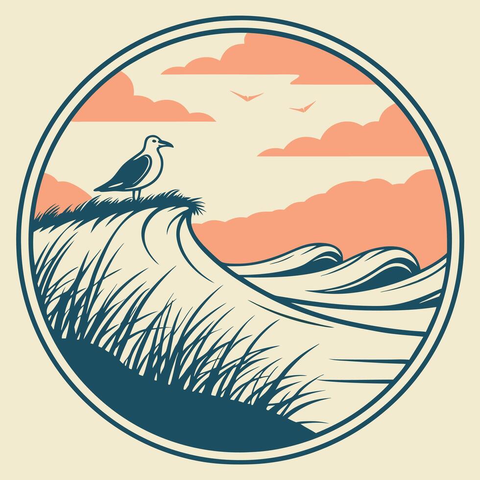 Seagull on the beach with waves and sunset vector