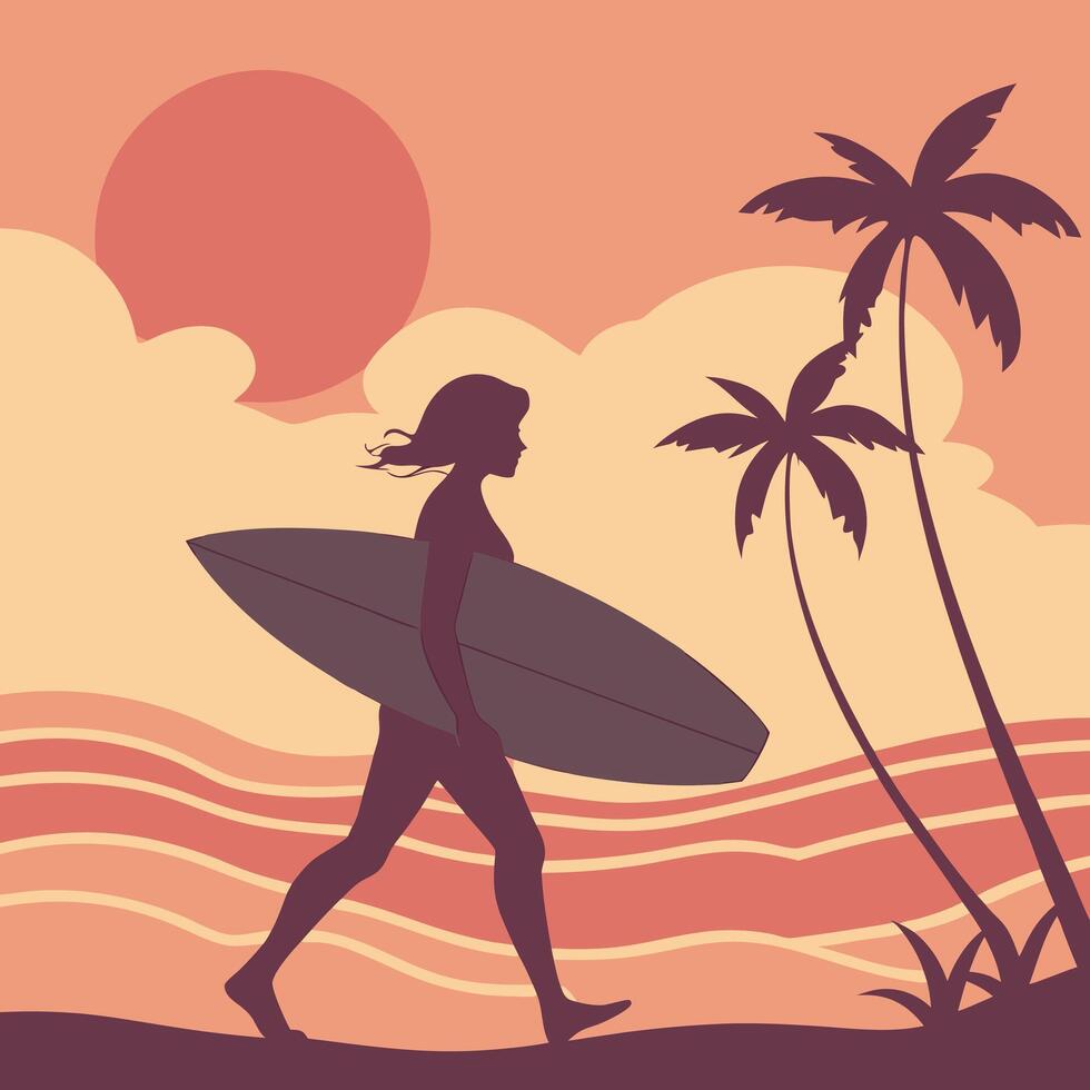 A woman walking with a surfboard on a beach at sunset vector