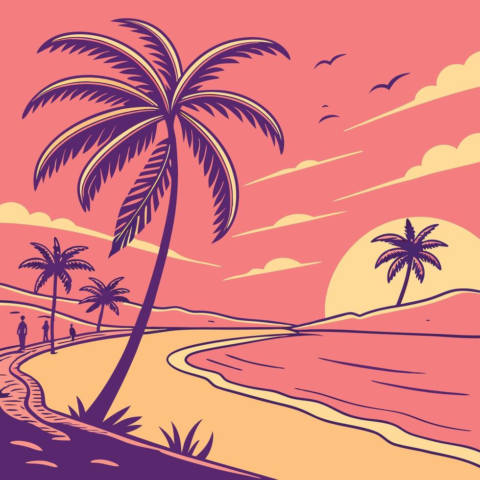 Tropical beach with palm trees and sunset vector