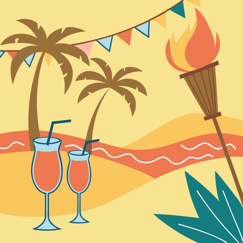 Tropical beach with palm trees and fire vector