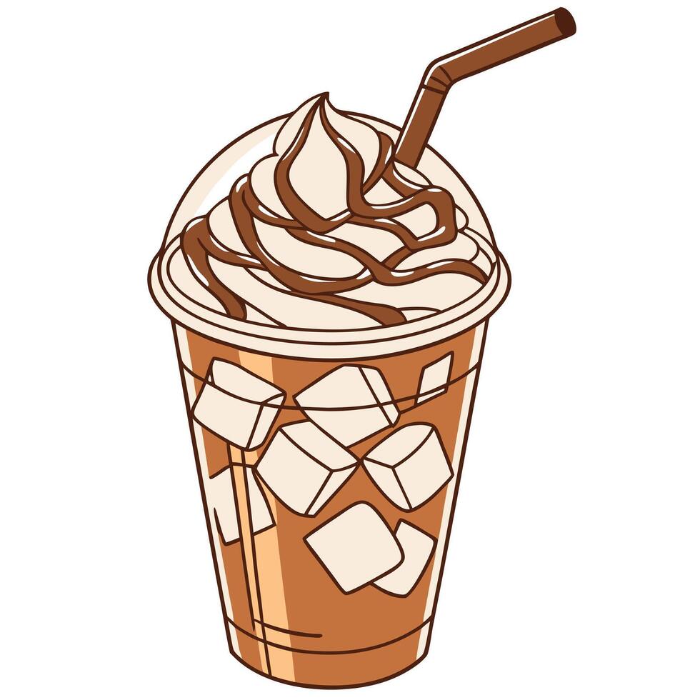 A cup of iced coffee with whipped cream and ice cubes vector