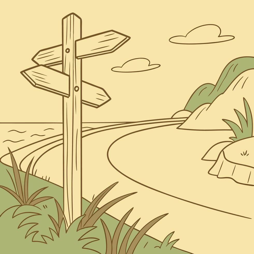 A cartoon drawing of a wooden signpost pointing to the beach vector
