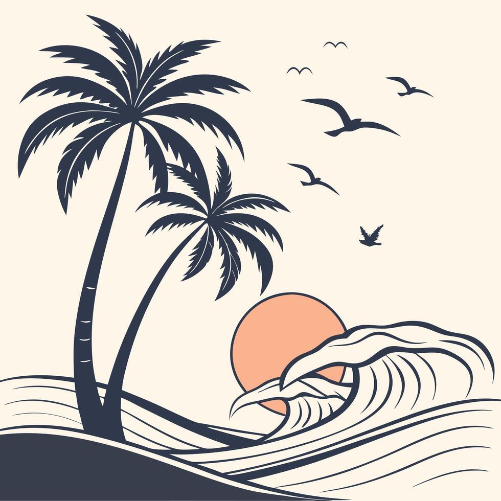 Tropical palm trees and waves at sunset vector