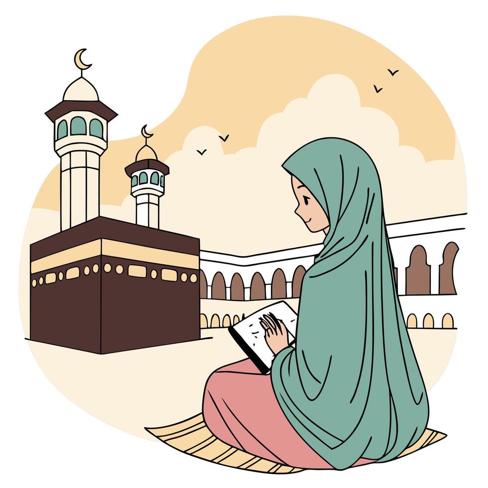 Islamic woman reading the quran in front of the kaaba vector