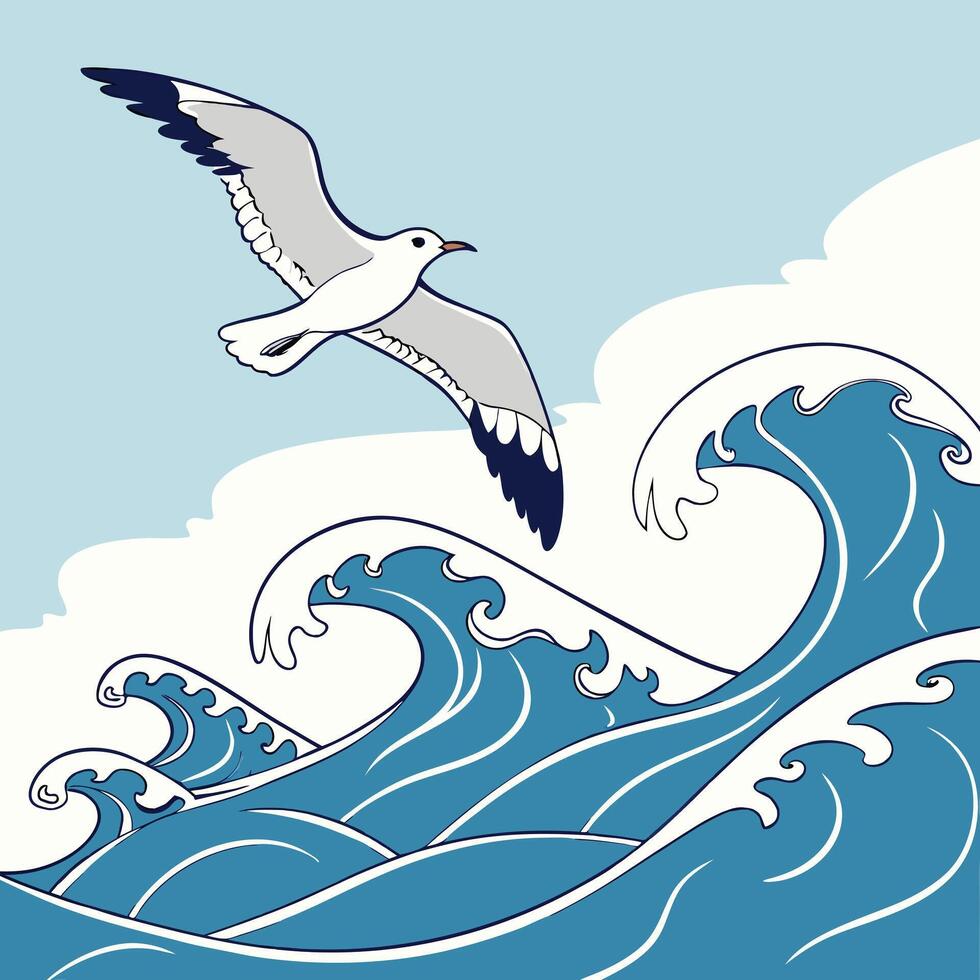 Seagull flying over the waves vector