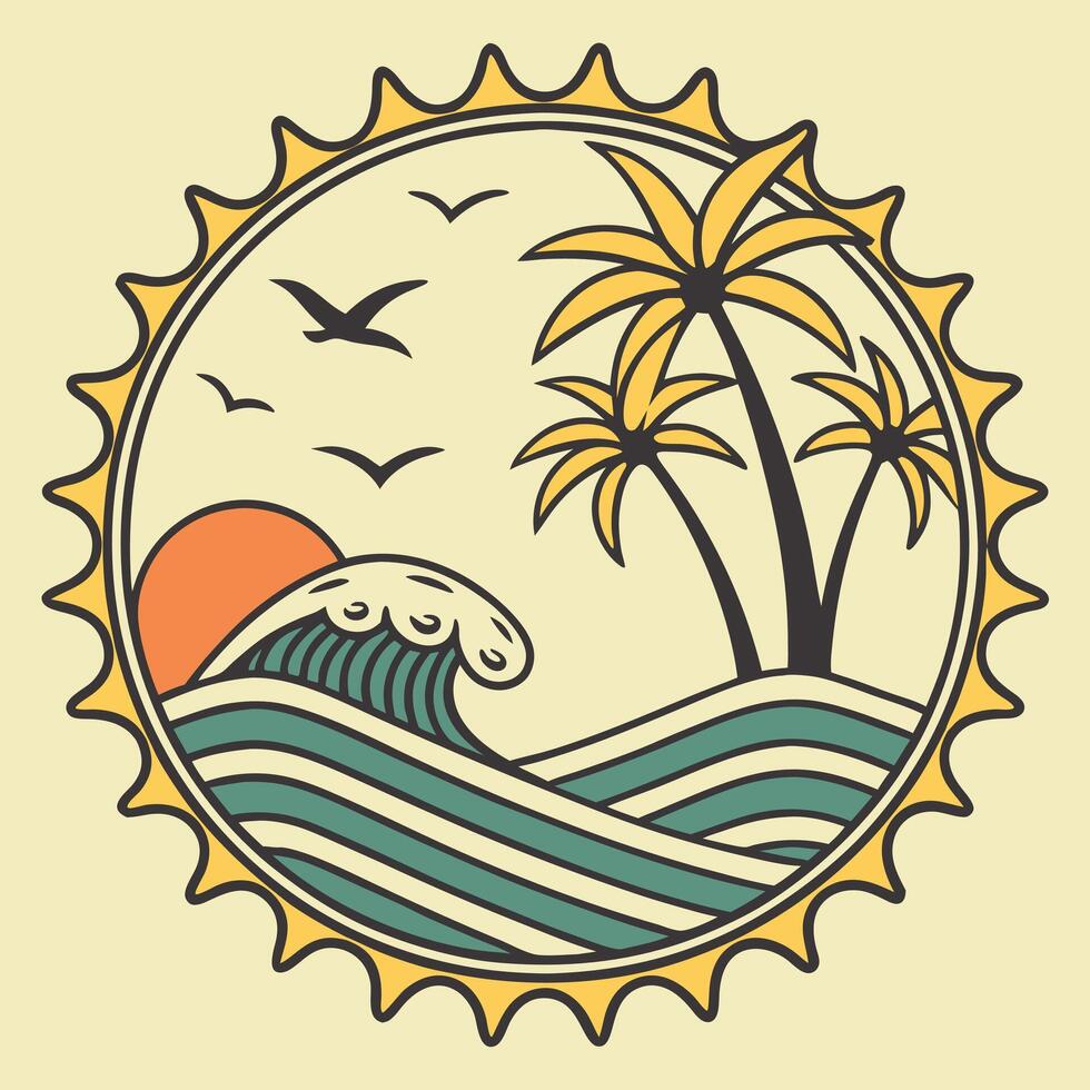 A vintage style illustration of a wave and palm trees vector