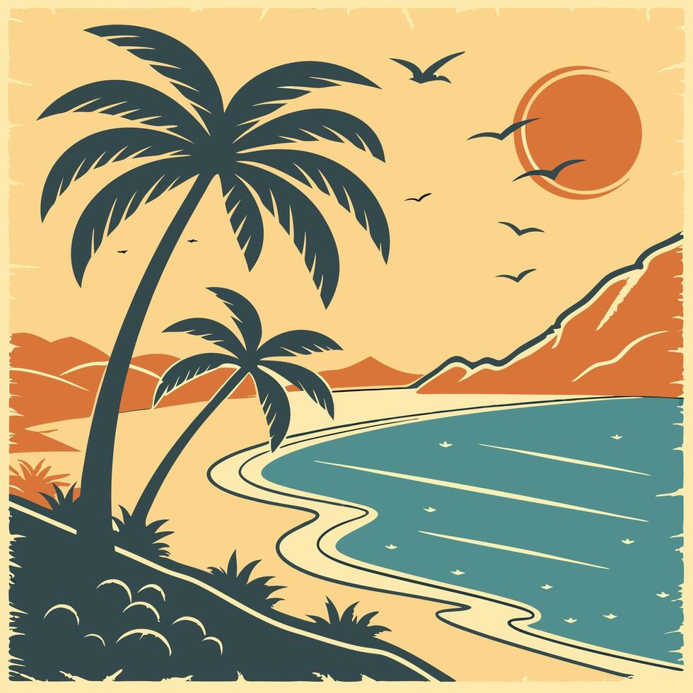 Retro style poster with palm trees and the ocean vector