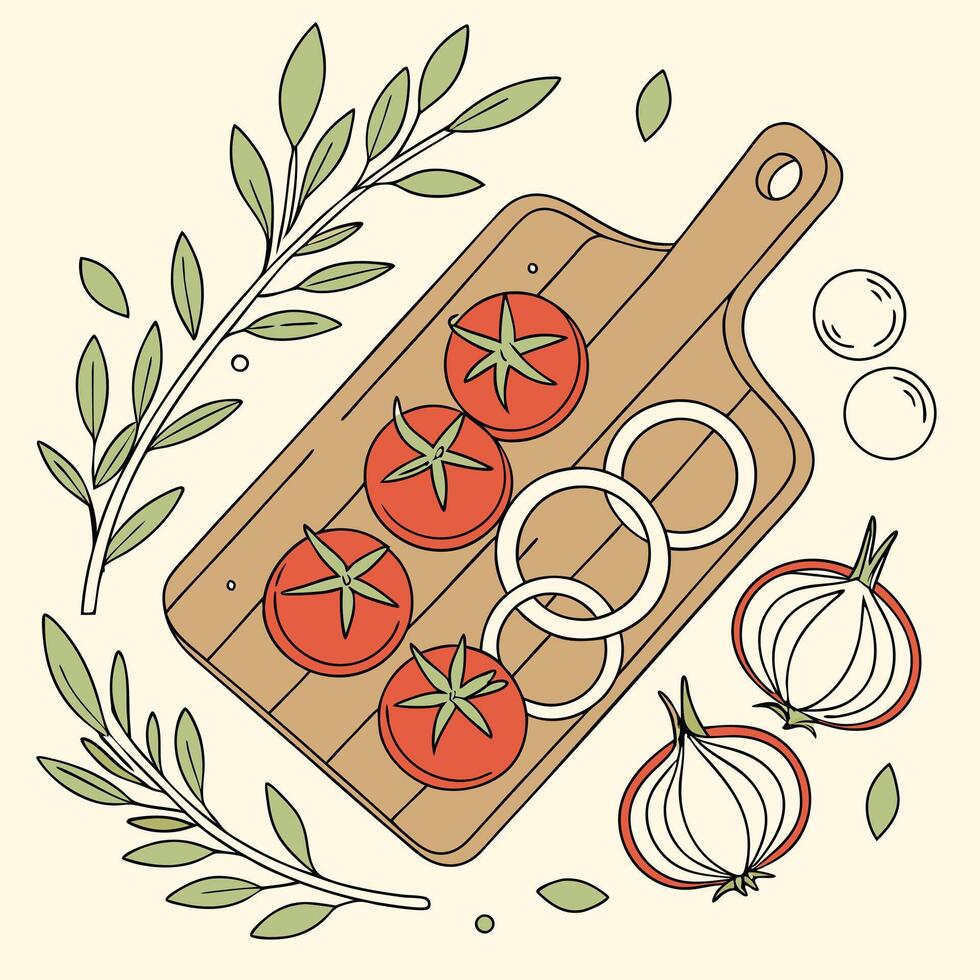 Tomatoes, onions and garlic on a cutting board vector