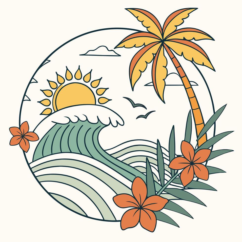 Tropical palm tree and flowers in a circle vector