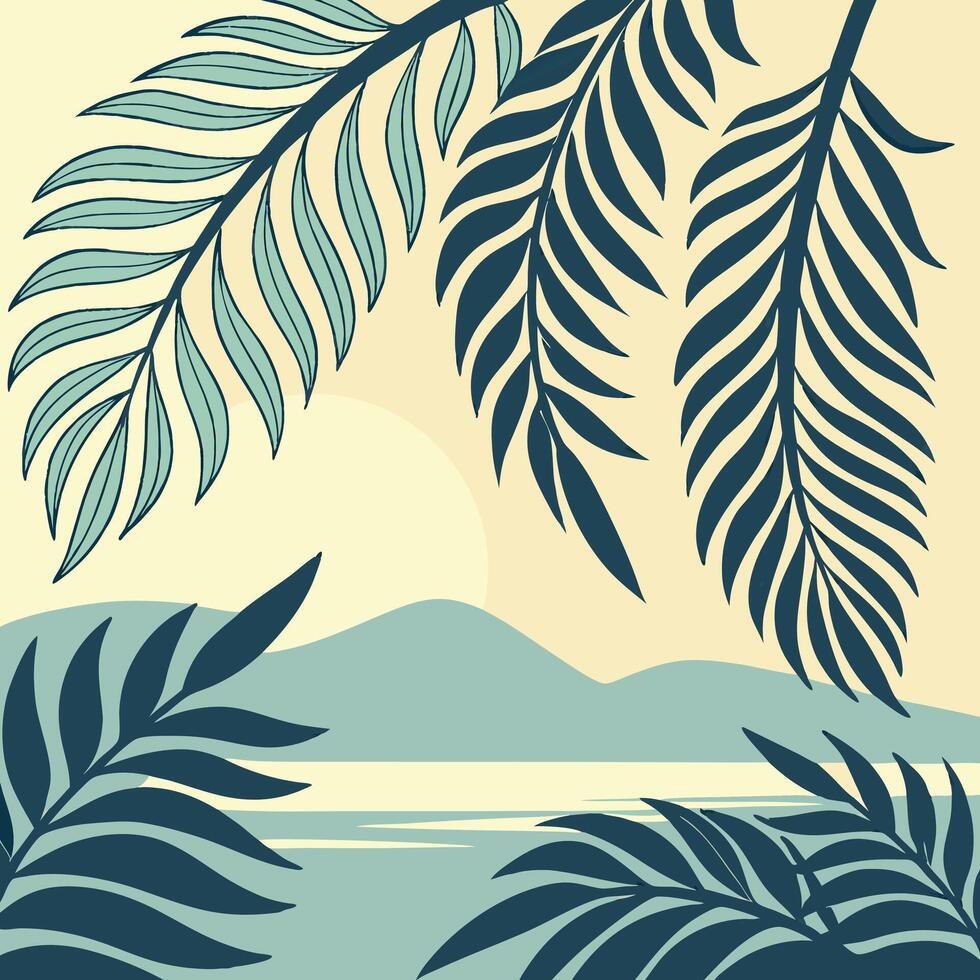Tropical palm leaves and mountains in the background vector