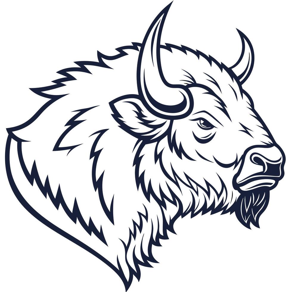 The head of a bison is shown in a black and white drawing vector