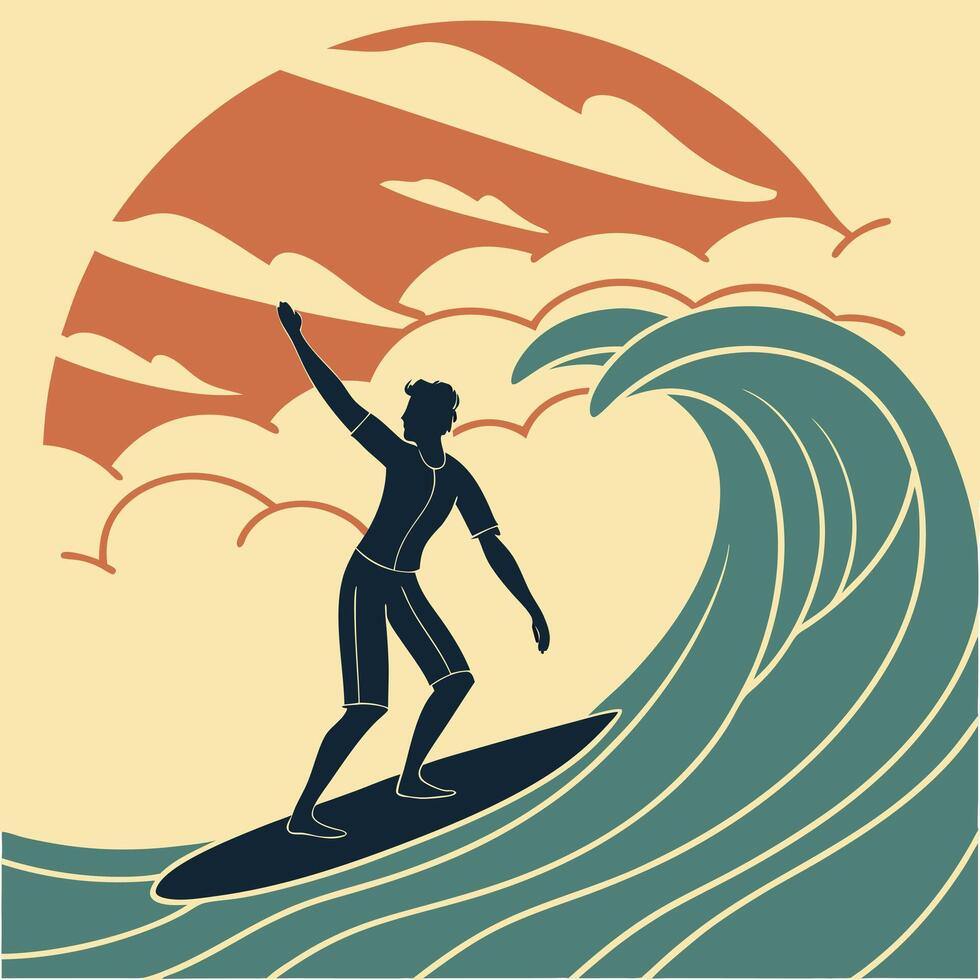A man surfing on a wave in front of a sunset vector