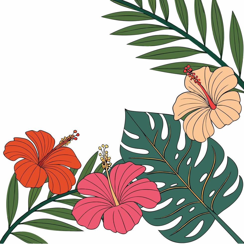 Tropical flowers and leaves on a white background vector