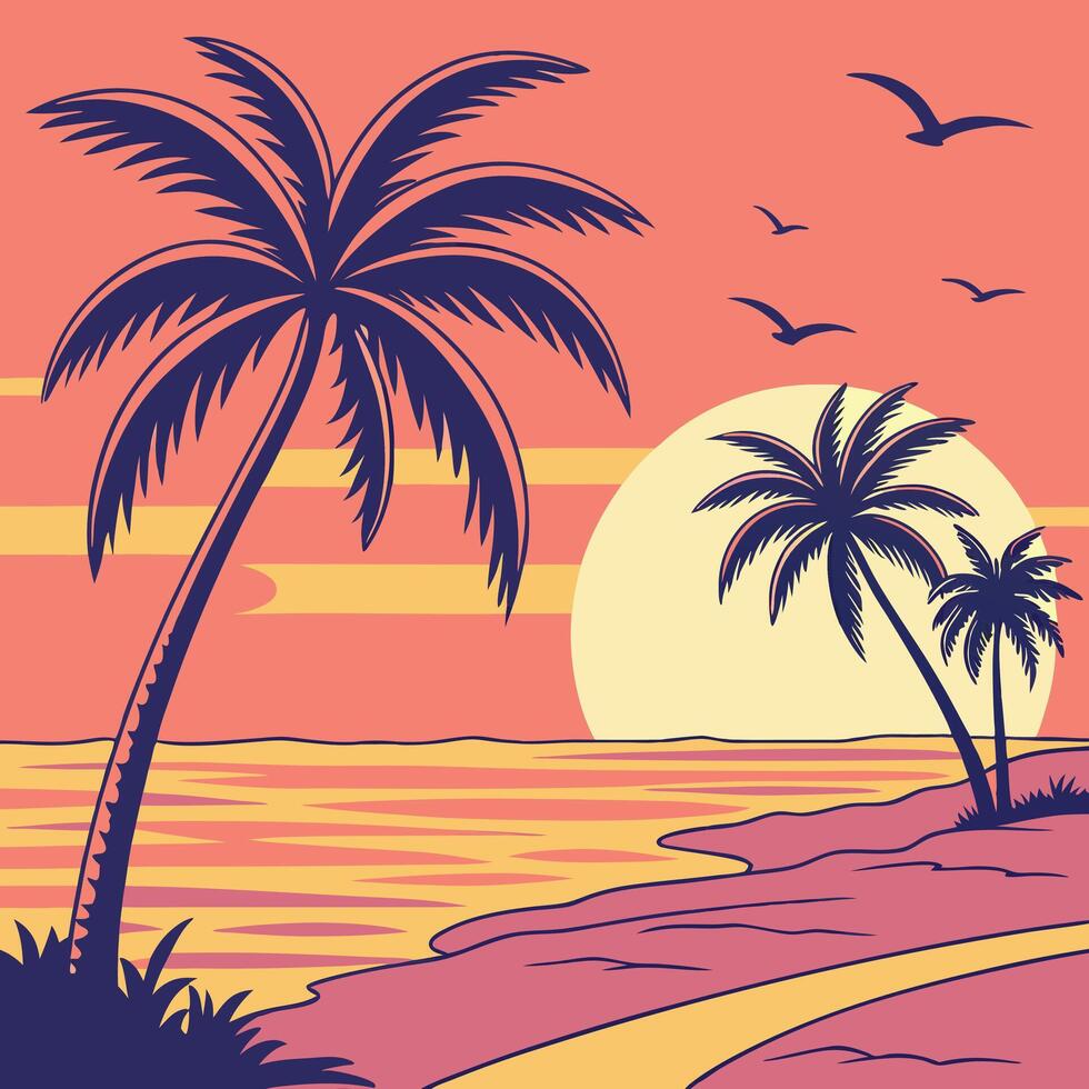 Tropical sunset with palm trees and seagulls vector