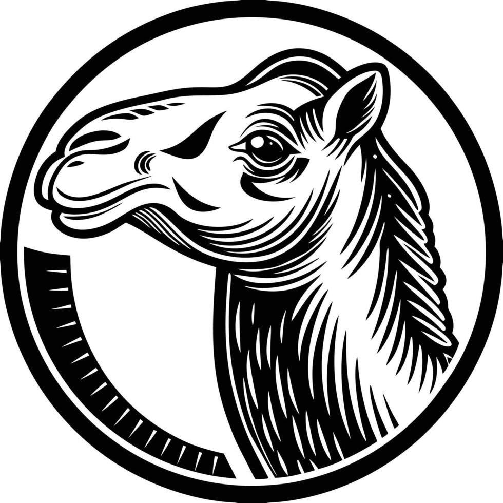 A camel head in a circle with a black and white background vector