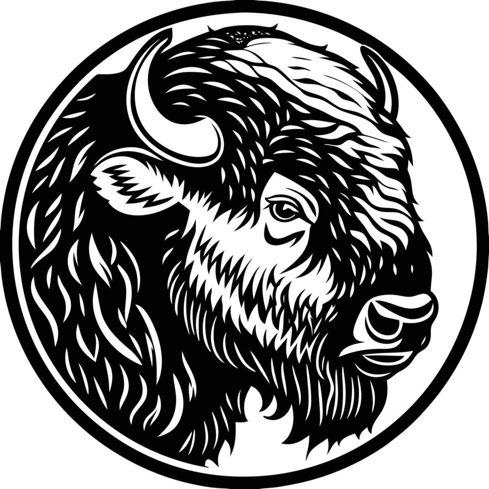 A bison head in a circle with a black and white background vector