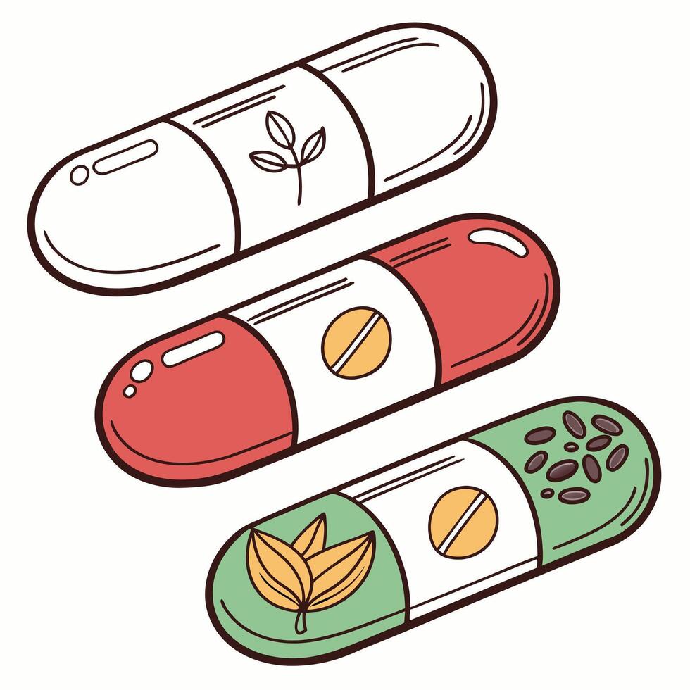 Illustration of pills with leaves and leaves vector