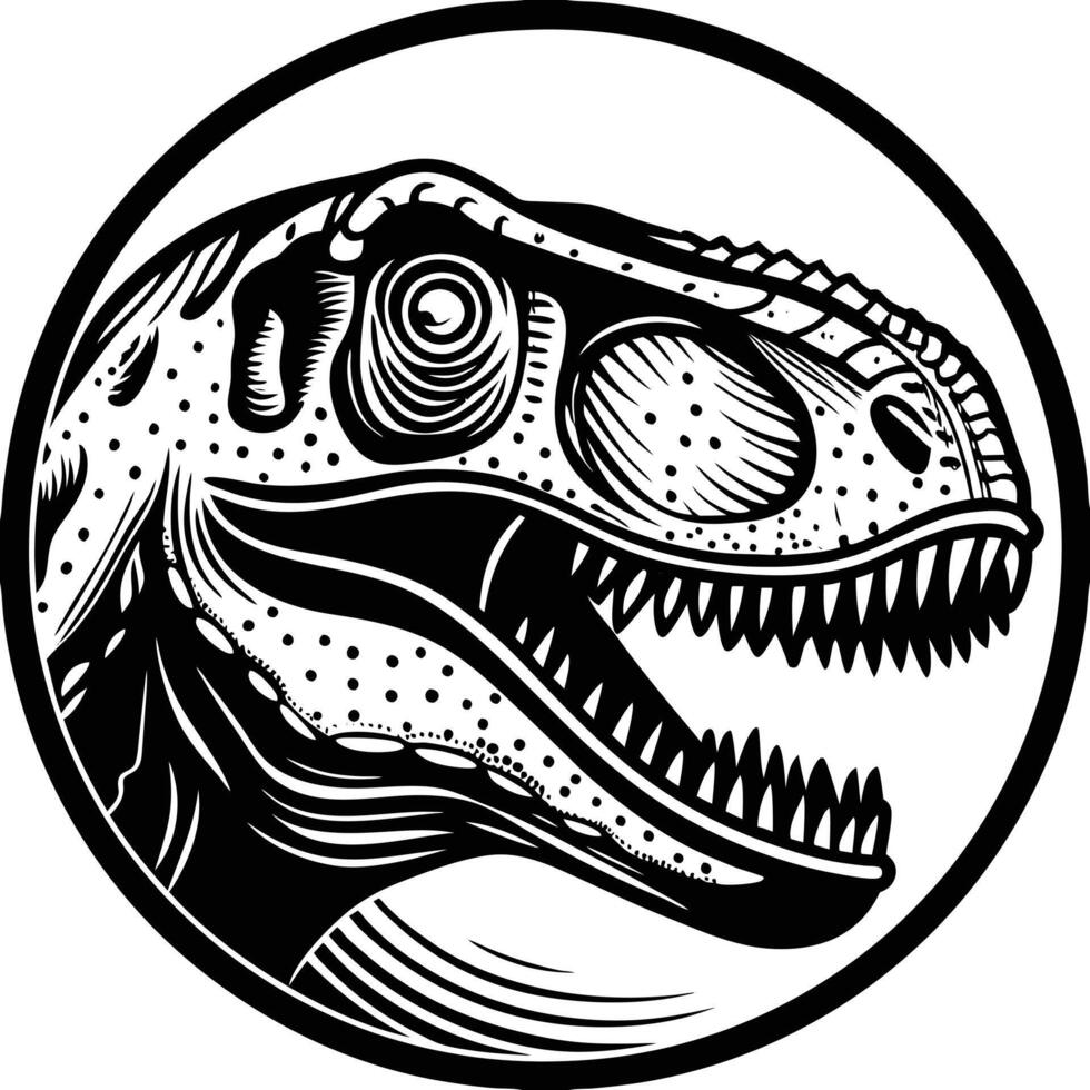 A t - rex head in a circle with a black and white image vector