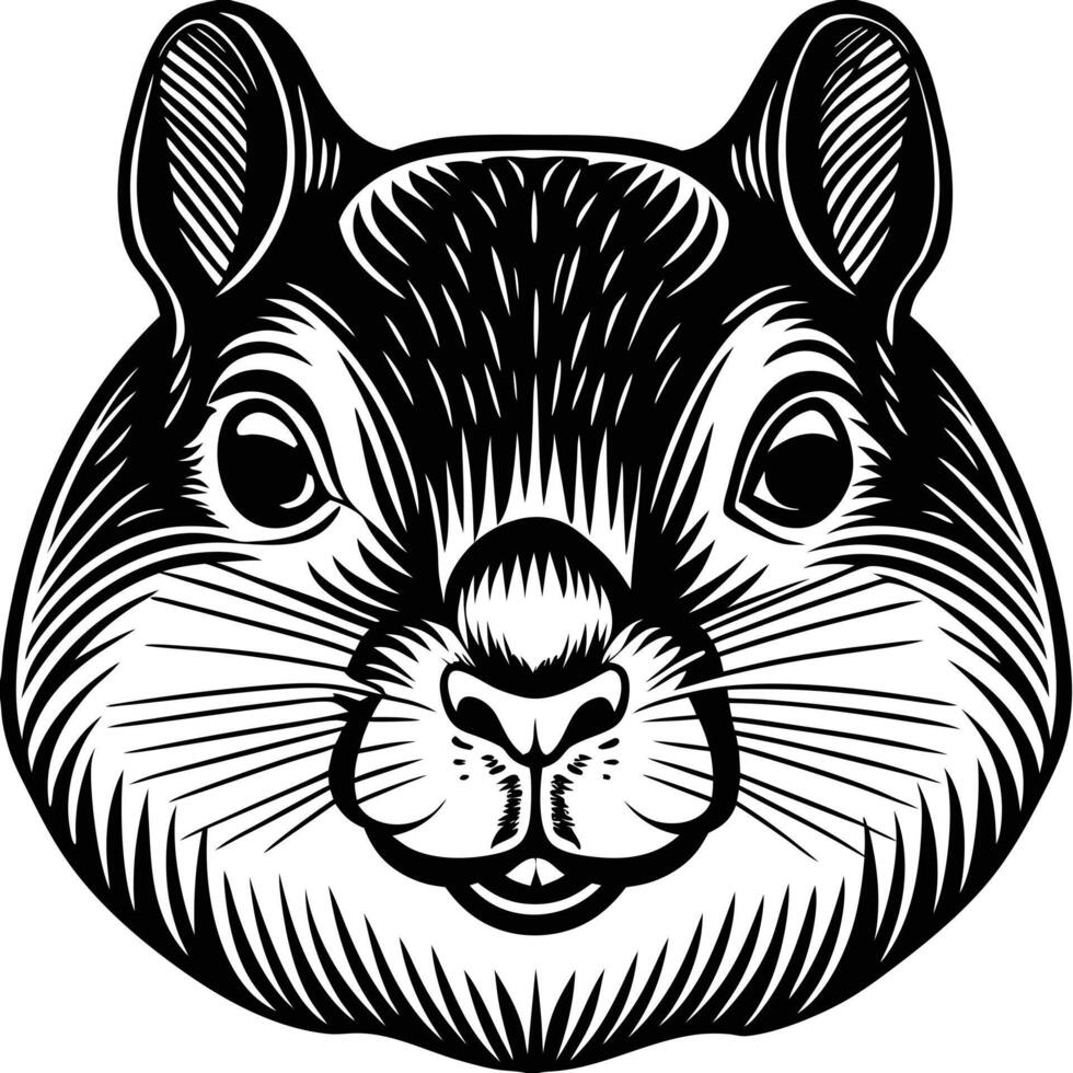 A black and white drawing of a squirrel's head vector