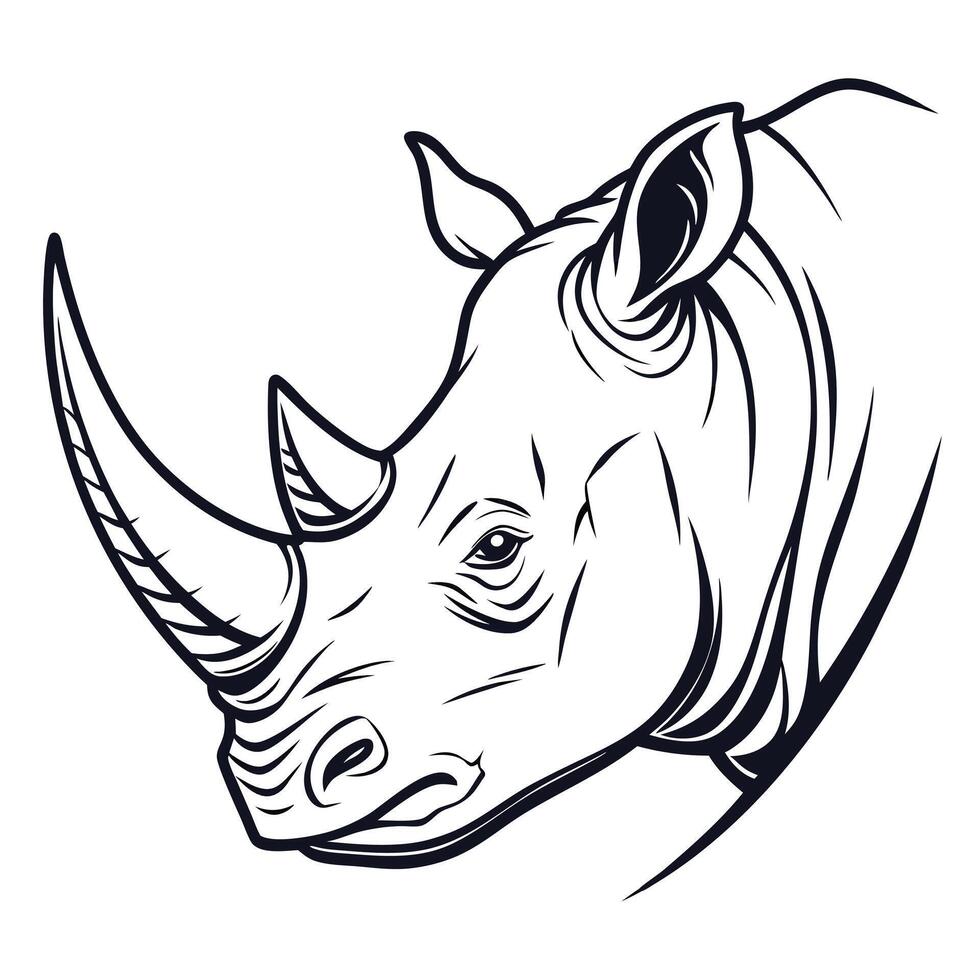 The head of a rhino is shown in black and white vector