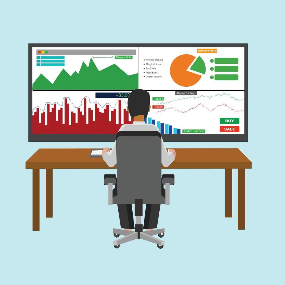 stock market trader Businessman working at large office desk with big computer monitor showing online financial graph data analysis research web designing looking Share market graphics strategy idea. vector