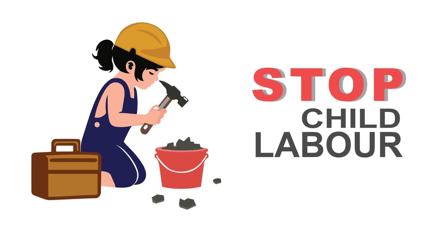 Stand up and prevention against child labor. Promote awareness, education to protect children's rights banner. a girl child woking construction job with hammer. international day against child labour vector