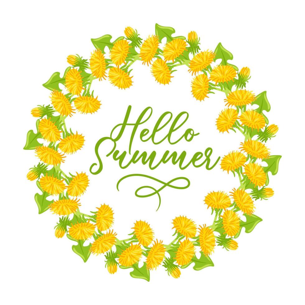 A vibrant illustration of a summer scene featuring a delicate dandelion wreath. The intricate details showcase the fluffy seeds and bright green leaves, embodying the essence of natures beauty vector
