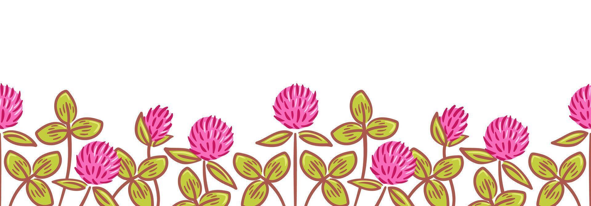 A horizontal border design featuring exquisite red clover flowers intertwined with lush green foliage. This charming illustration adds a vibrant touch to any project, perfect for invitations, cards vector