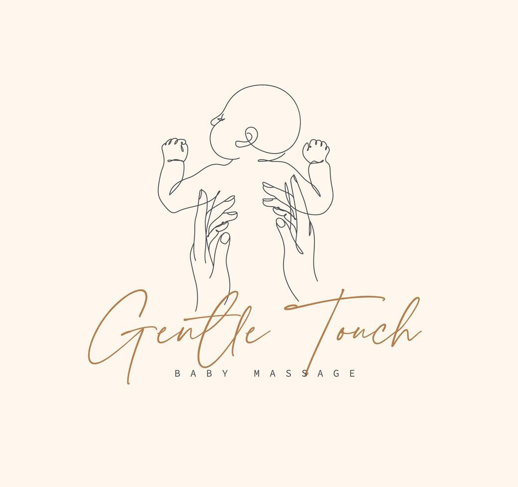 Baby massage studio label with lettering gentle touch drawing in minimalist style with pastel color vector