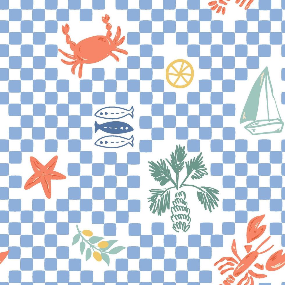Blue summer checkered seamless pattern with lobster, crab, sardines, lemon, palm tree. Mosaic wallpaper, tropical vacation background, cute textile design, Mediterranean wrapping paper, print vector