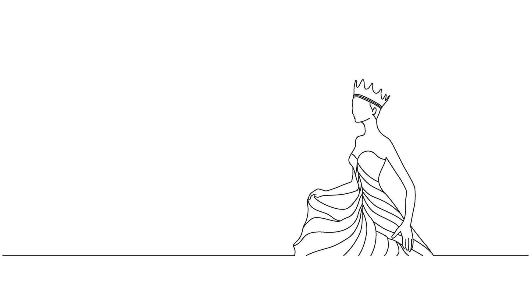 Elegant queen contour drawing in a gown for regal and minimalist aesthetics vector