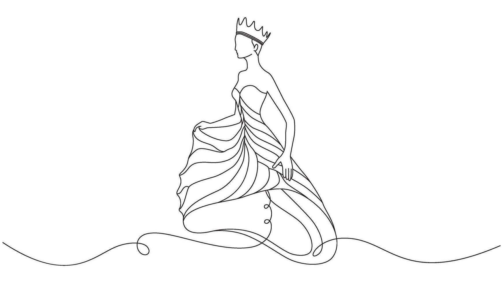 Minimalist single line drawing of a queen in an elegant dress and crown vector