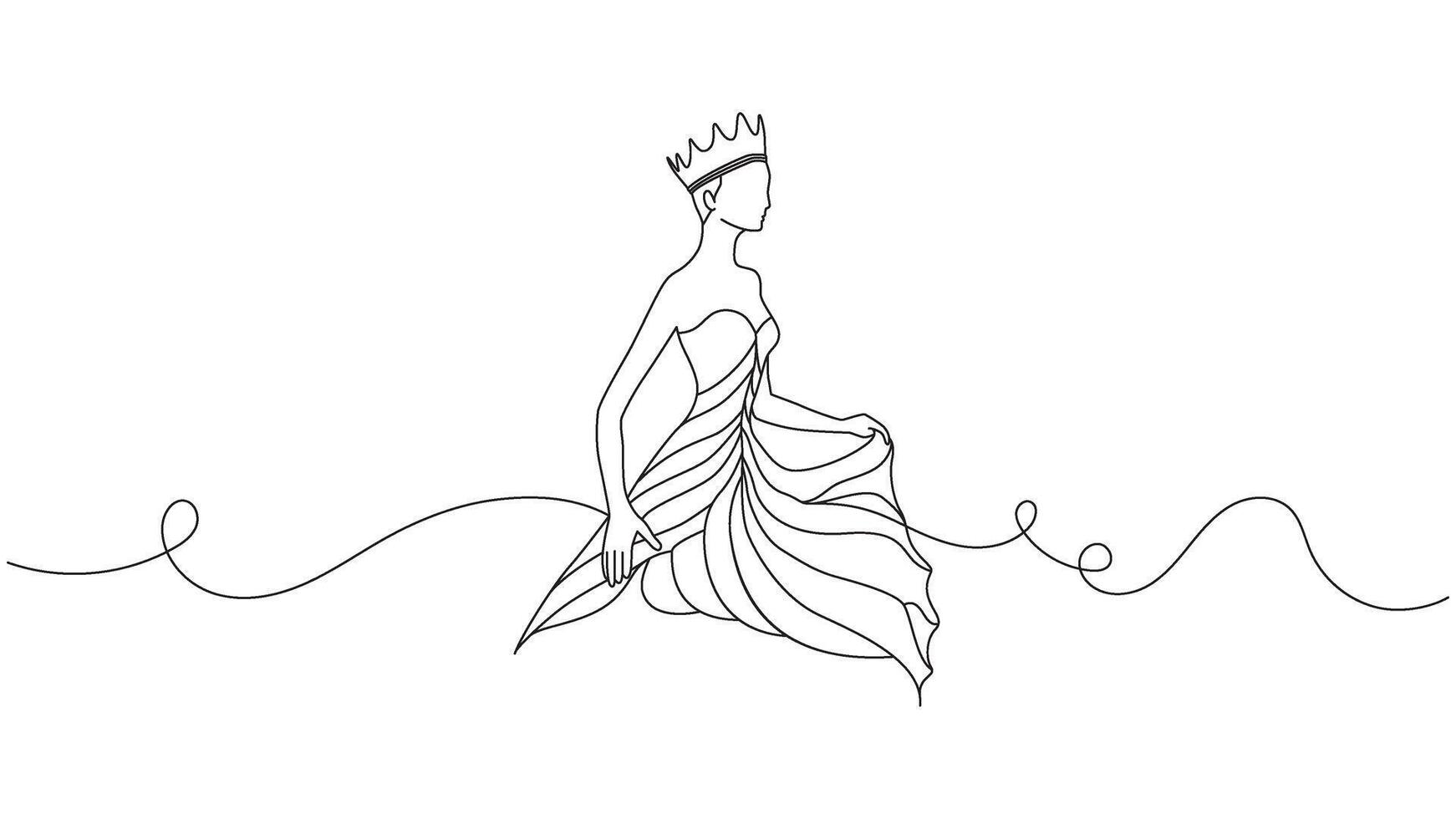 Elegant Continuous Line Art of a Queen with Flowing Dress and Crown vector