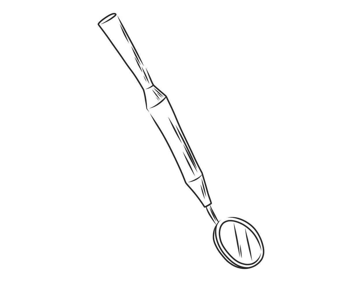Hand-drawn black and white illustration of a dental mirror. Simple line art sketch of a professional oral care tool used by dentists for teeth examination and hygiene checkups. vector