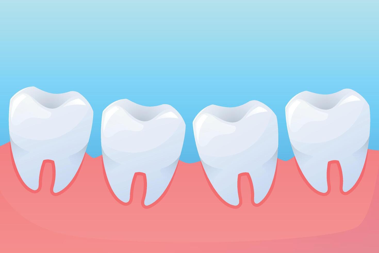 cartoon illustration of healthy human molars in the gum. Clean white teeth with enamel reflections on a blue gradient background. Concept of dental health, oral hygiene, and dentistry vector