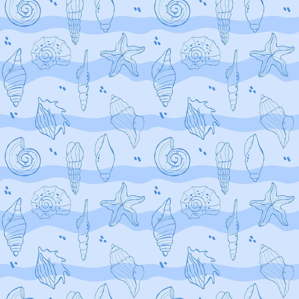 Sea seamless pattern with hand drawn shells vector