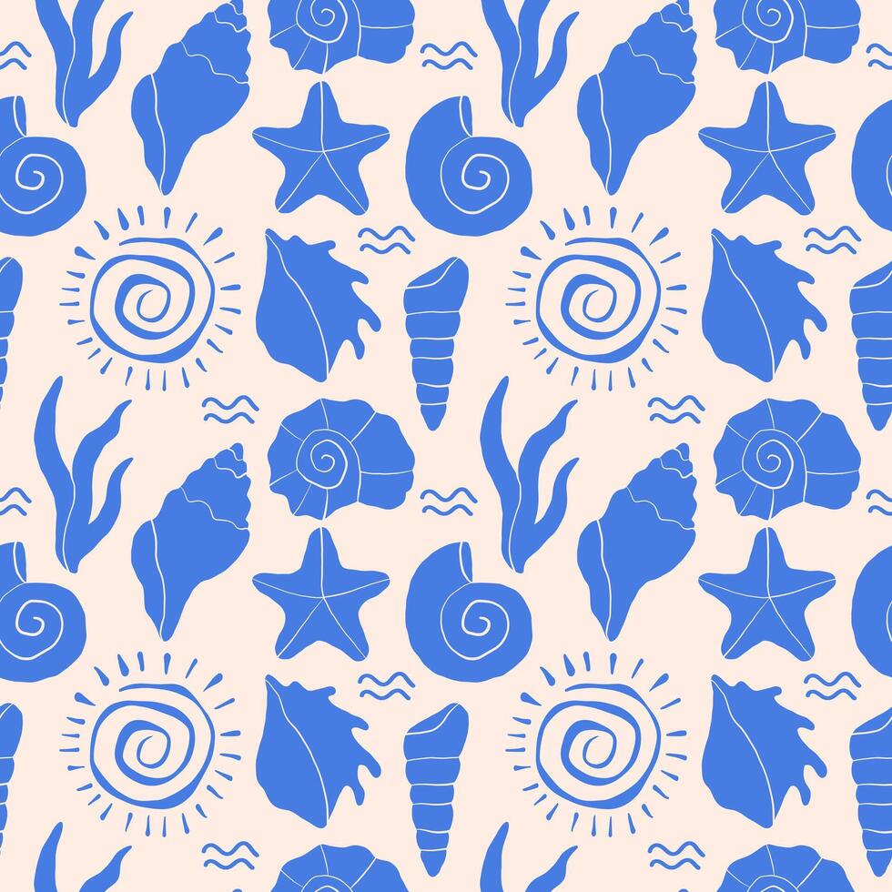 Marine seamless pattern with hand-drawn shells, seaweed vector
