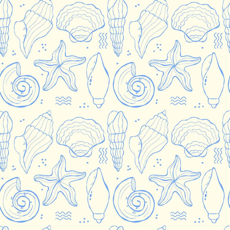 Seamless pattern of hand drawn sea shells on a light coloured background vector